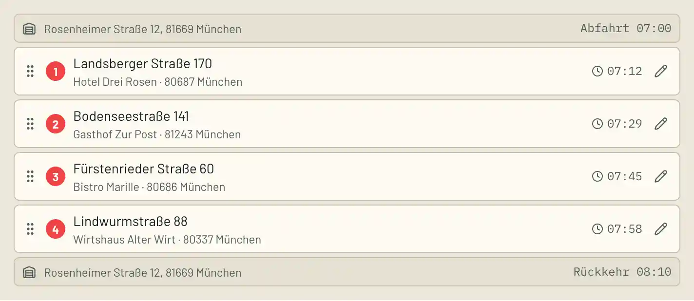 Tourenliste einer Getränke-Auslieferung in doc2route: Gastro-Stopps mit Ankunftszeiten ab 7:12 Uhr