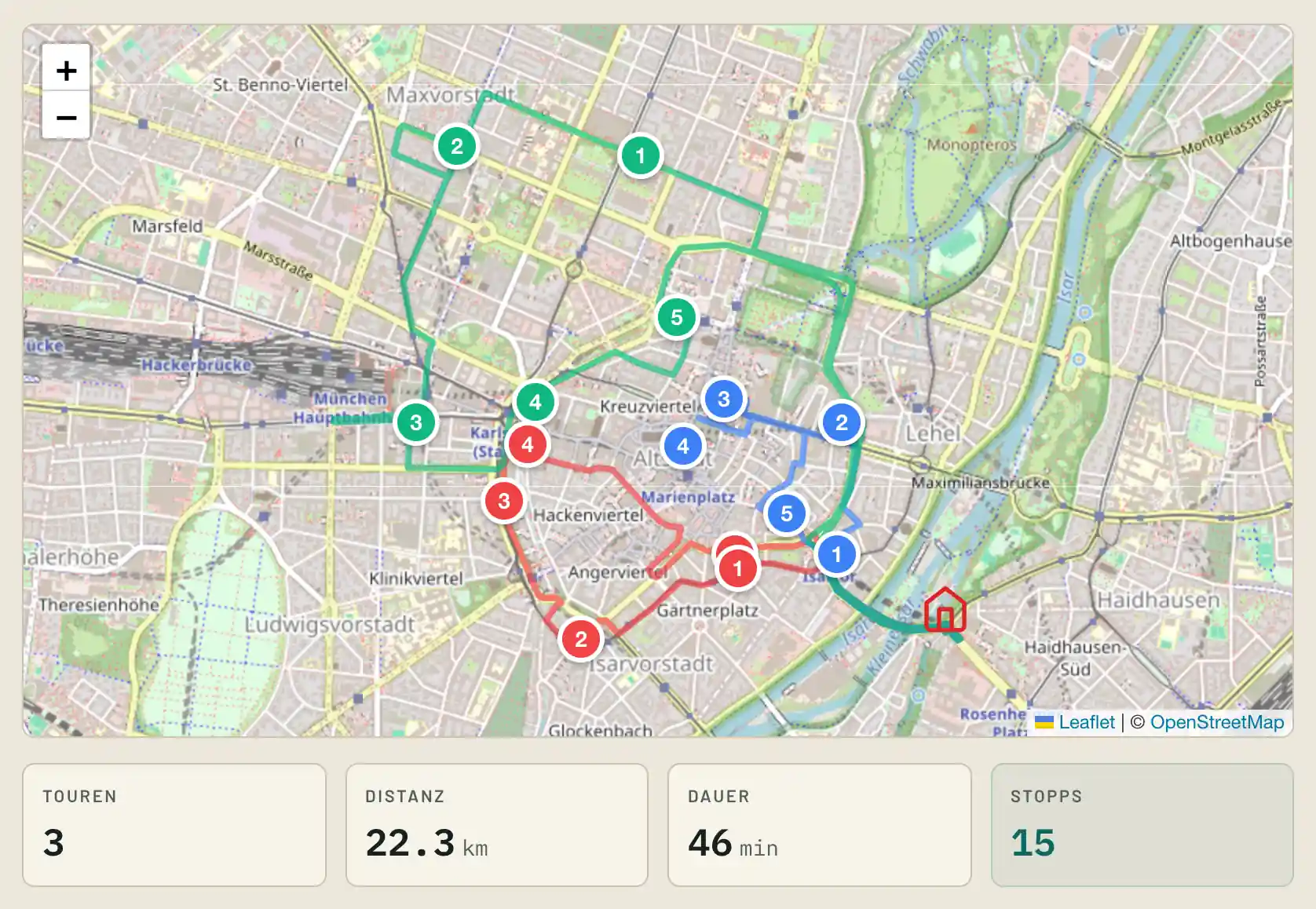 Karte in doc2route mit drei Kurier-Touren durch die Münchner Innenstadt: 15 Stopps, 22,3 km, 46 Minuten