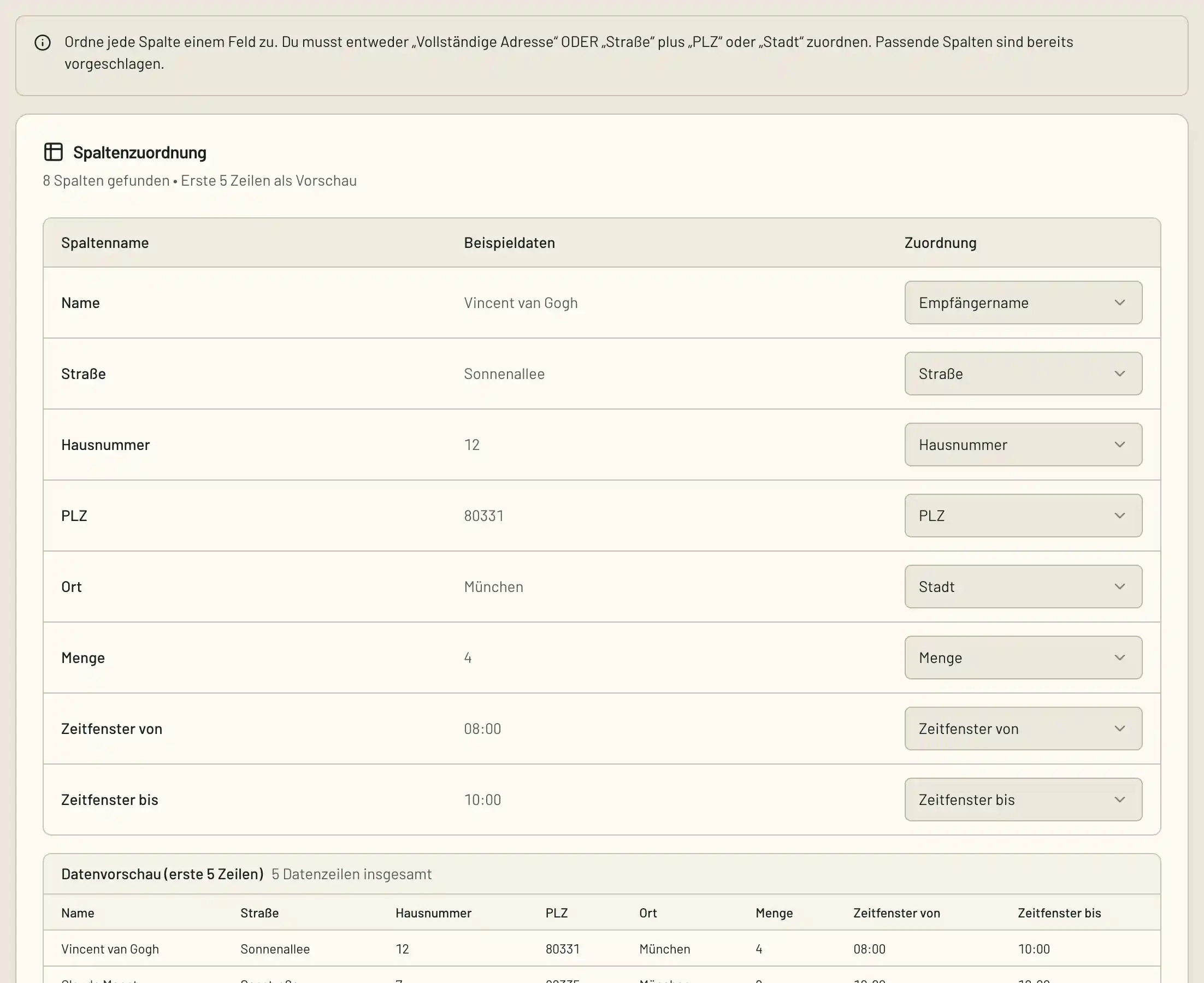 Tabelle mit acht Spalten und ihrer Zuordnung: Name, Straße, Hausnummer, PLZ, Ort, Menge sowie Zeitfenster von und bis, darunter eine Vorschau der ersten Datenzeilen.