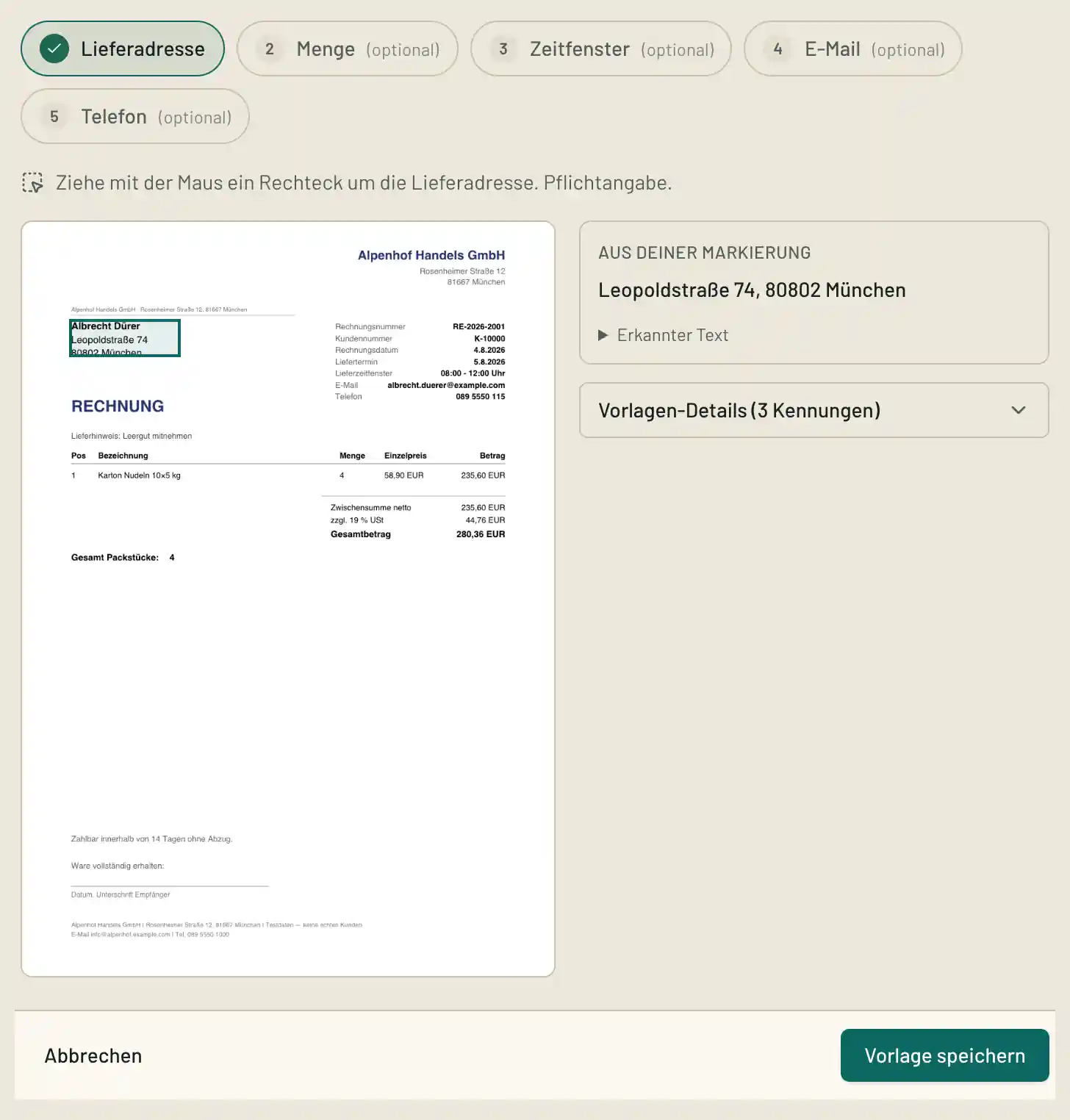 Markierungswerkzeug auf einer Rechnung: ein Rechteck um die Lieferadresse gezogen, rechts die erkannte Adresse und ein Bereich „Vorlagen-Details“ mit drei Kennungen, darunter der Button „Vorlage speichern“.