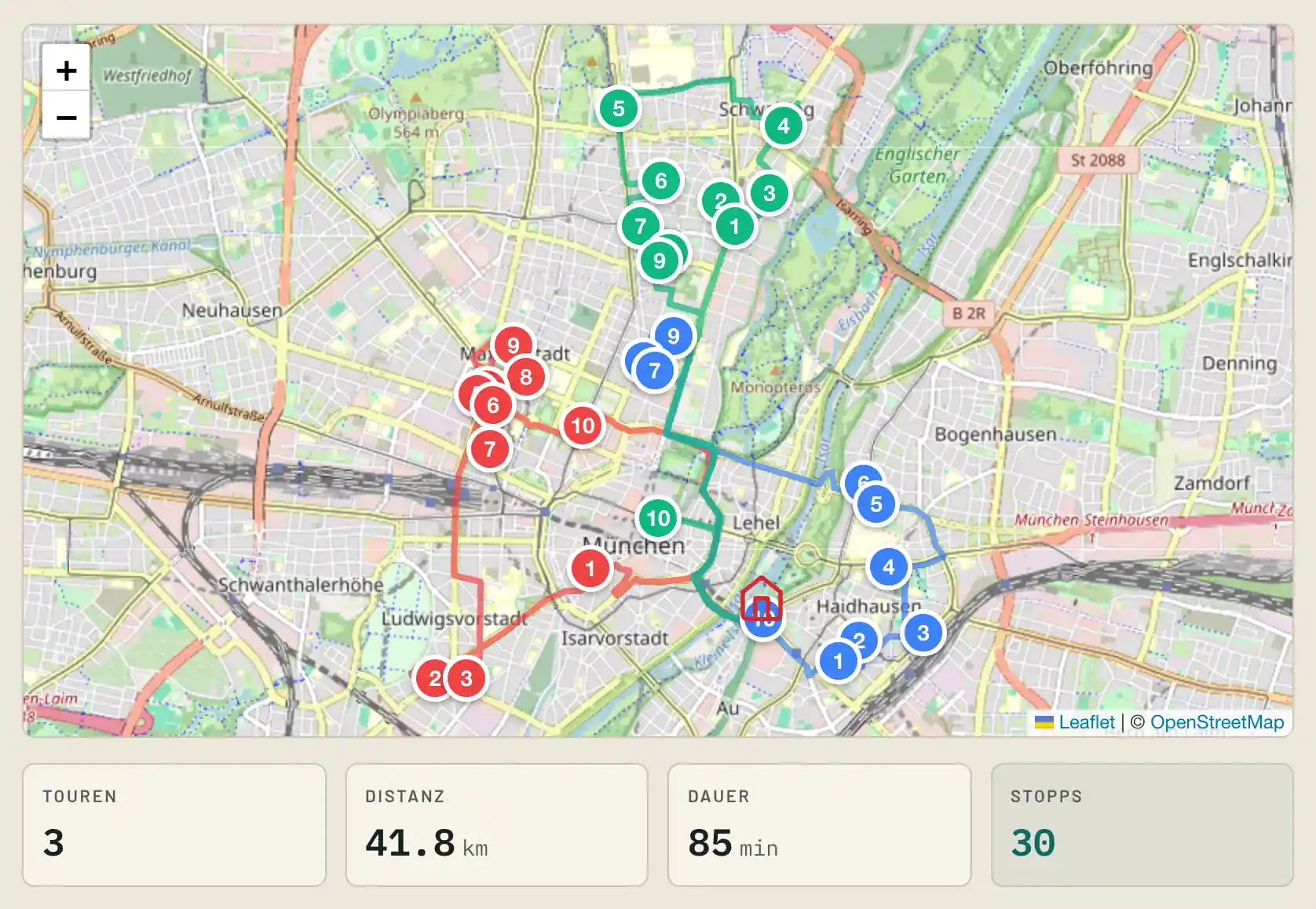 Kartenansicht mit drei farbig unterschiedenen Touren, darunter vier Kennzahlen: Touren, Distanz, Dauer und Stopps.