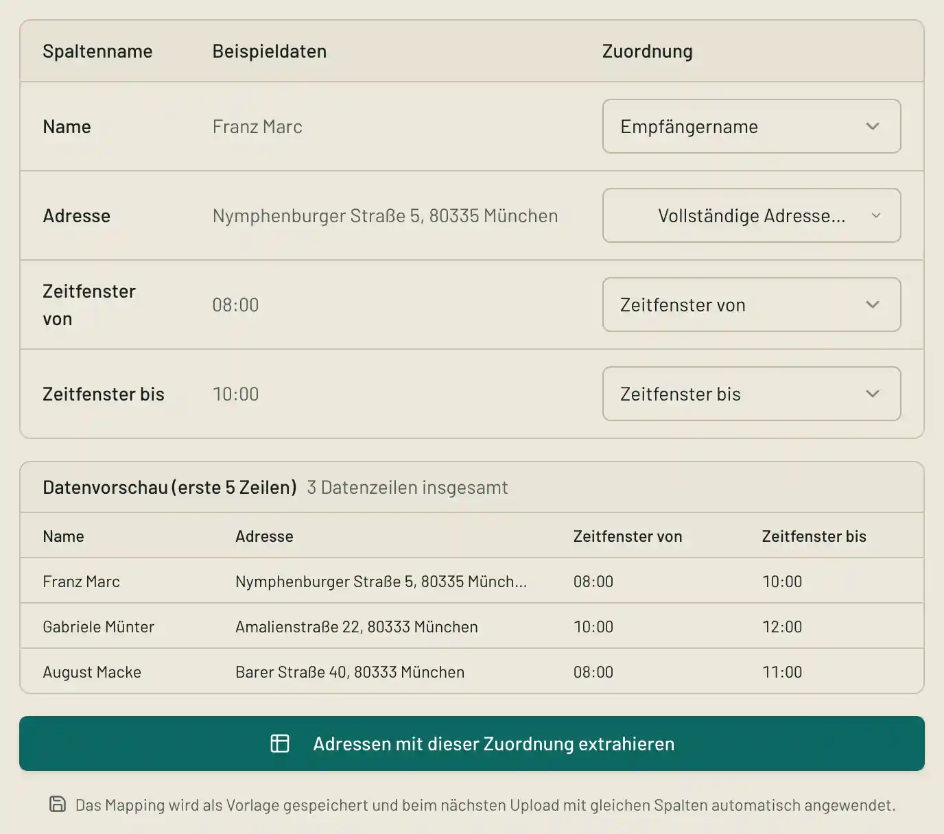 Spaltenzuordnung mit Name, vollständiger Adresse sowie Zeitfenster von und bis; darunter eine Vorschau mit drei Datenzeilen und dem Hinweis, dass die Zuordnung als Vorlage für den nächsten Upload gespeichert wird.